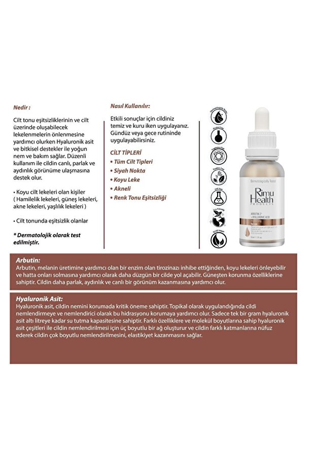 Rimu Health Products Leke Karşıtı, Cilt Tonu Eşitleyici Ve Aydınlatıcı Arbutin Serum 30ml
